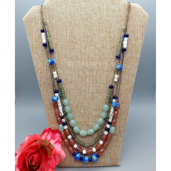 Long Multi Strand Glass Mixed Bead Necklace Dark Gold Tone Chains Colorful 28" - Picture 2 of 7